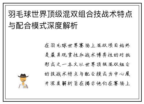 羽毛球世界顶级混双组合技战术特点与配合模式深度解析